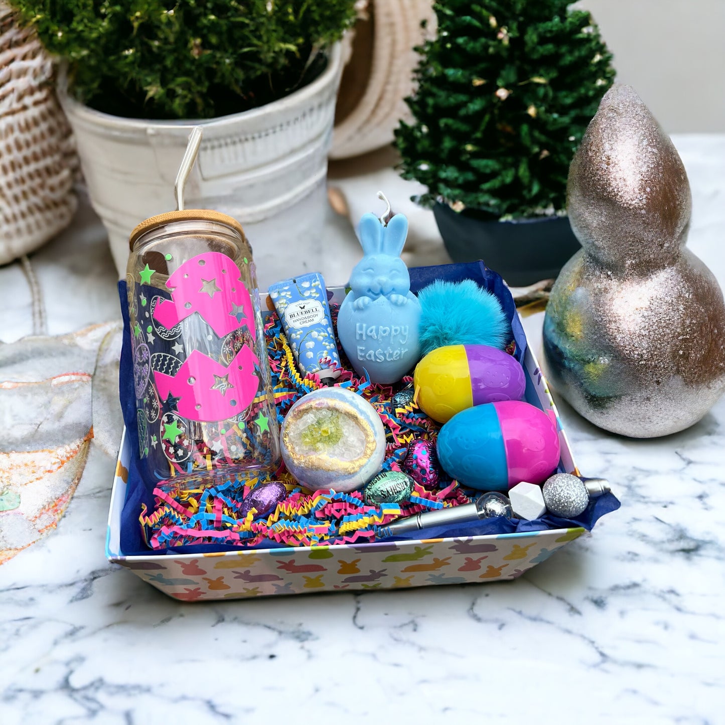 Bunny Bliss Easter Basket Colorful Bunnies and Scented candle