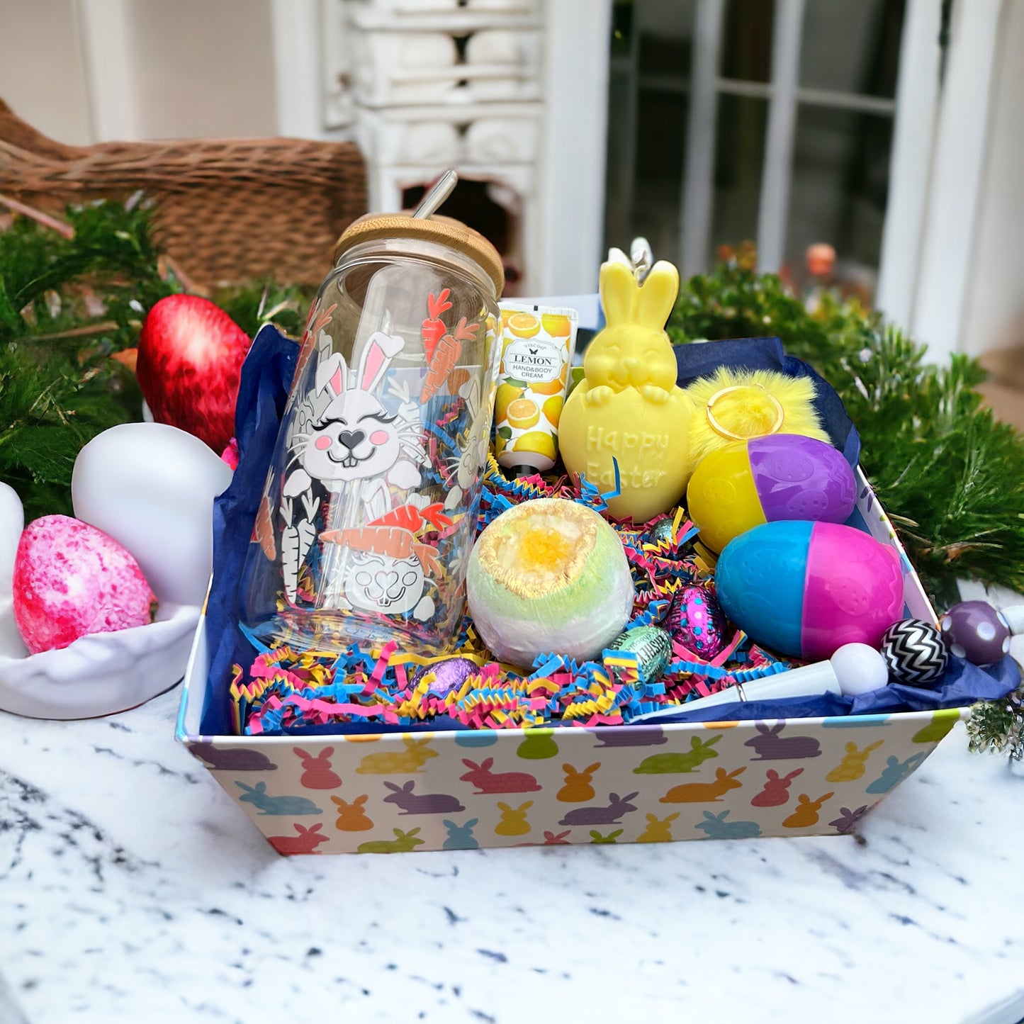 Bunny Bliss Easter Basket Colorful Bunnies and Scented candle
